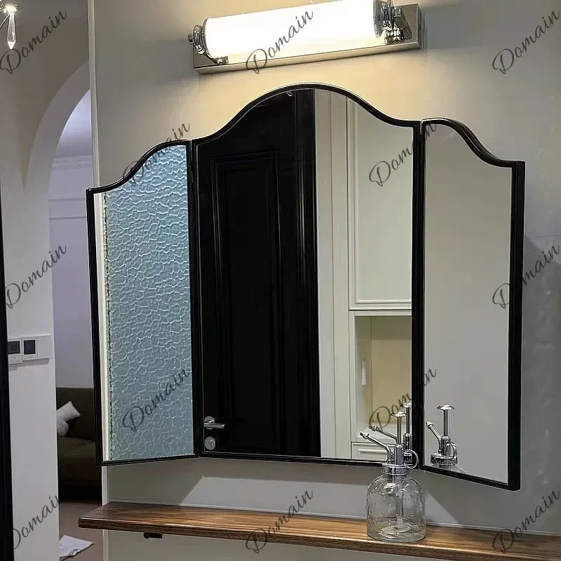 BJ French Vintage Black Tri-Fold Vanity Mirror, 3-Way Folding Bathroom Mirror, Wall-Mounted Decorative Makeup Mirror