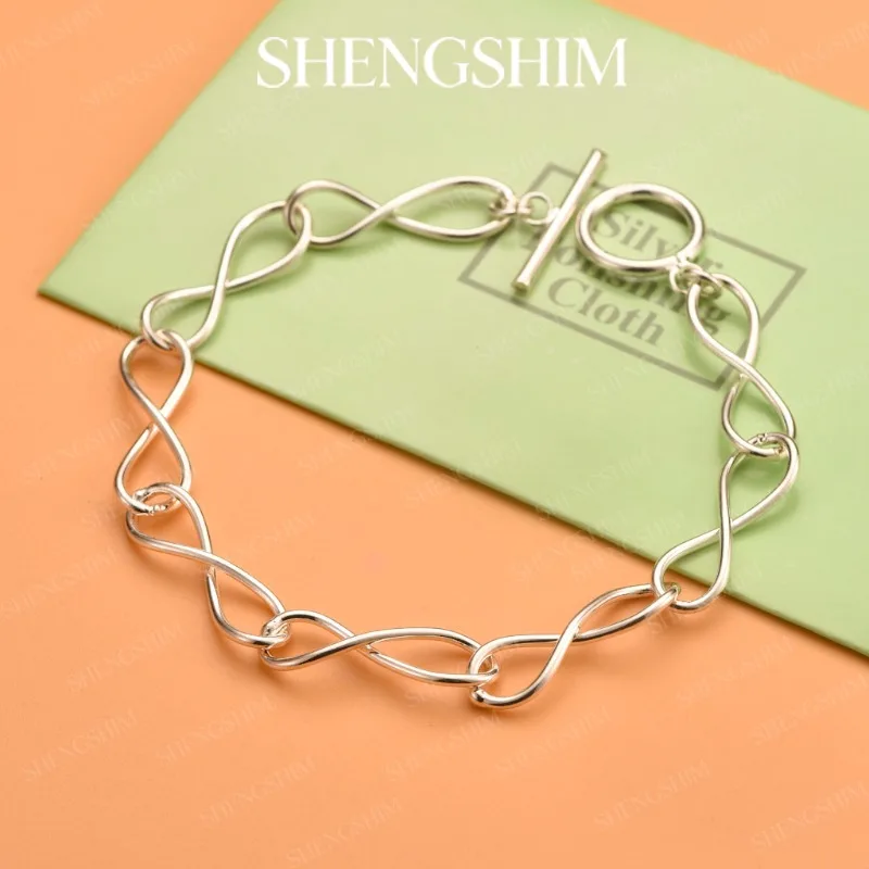 SHENGSHIM 925 Sterling Silver Twisted Infinity Link OT Clasp Bracelet Bangle For Men Women Fashion Jewelry Engagements Party