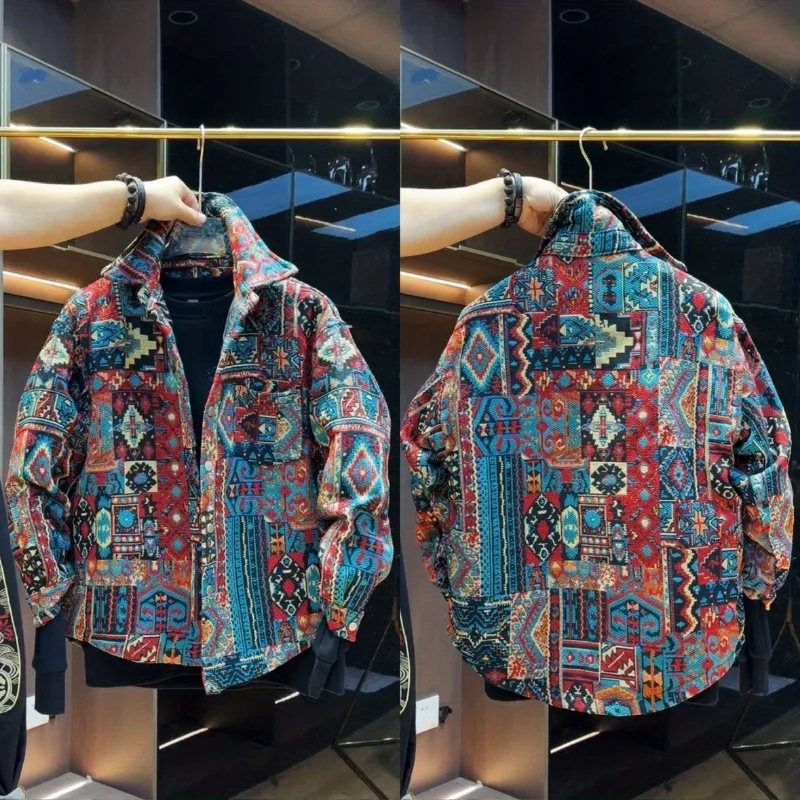 سترة قميص جاكار ملونة منسوجة للرجال بنمط عرقي سترة دافئة من القطن فضفاضة عصرية #3