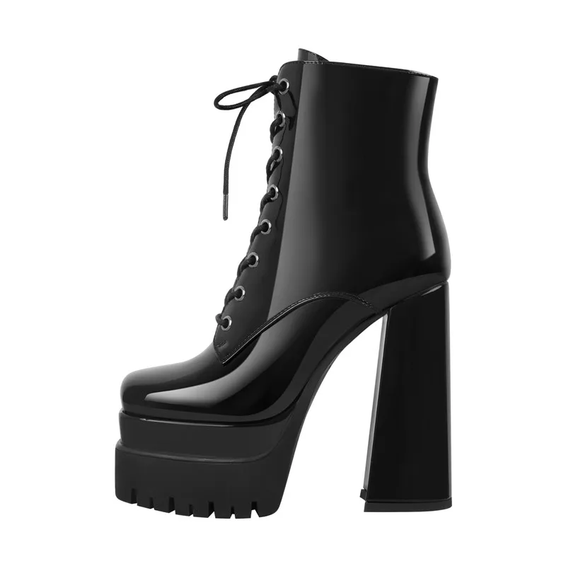 Onlymaker Women Platform Square Toe Ankle Boots Block Chunky High Heel Black Matte Lace Up Thick Party Dress Winter Booties
