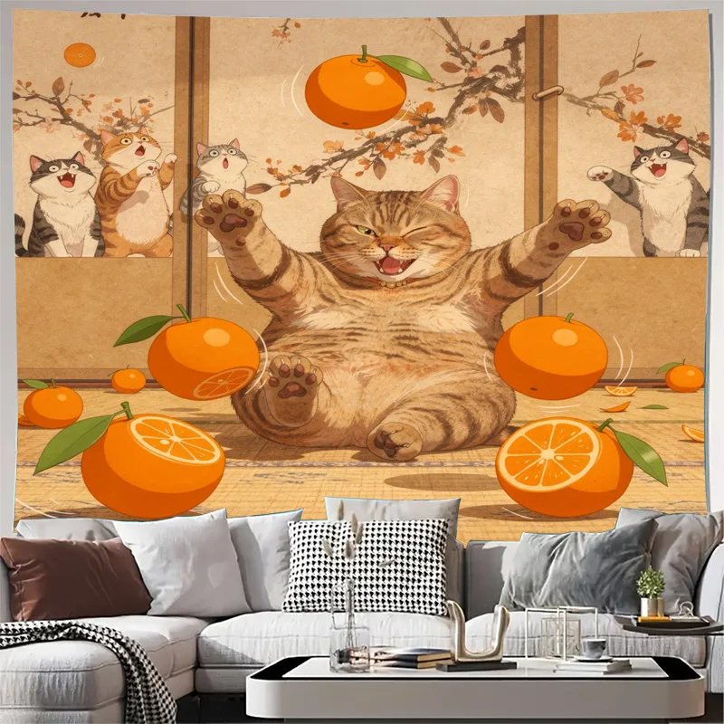 Whimsical Cat and Orange Autumn Harvest Decor Tapestry Wall Hanging Funny Citrus Illustration Pop Art Cozy Living Room Bedroom H