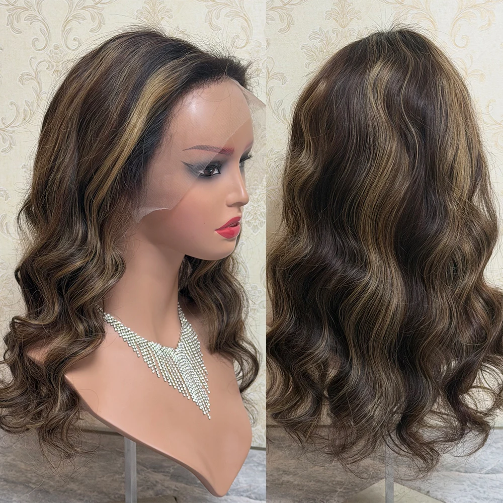 Brown Brunette 13x4 HD Lace Front Wig Virgin Human Hair Preplucked Short Wavy Bob Style with Blonde Highlights for Women