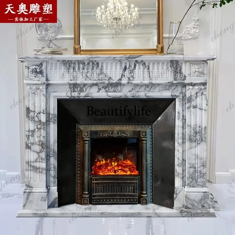 CC85 Large white stone fireplace French living room decorative cabinet marble fireplace custom