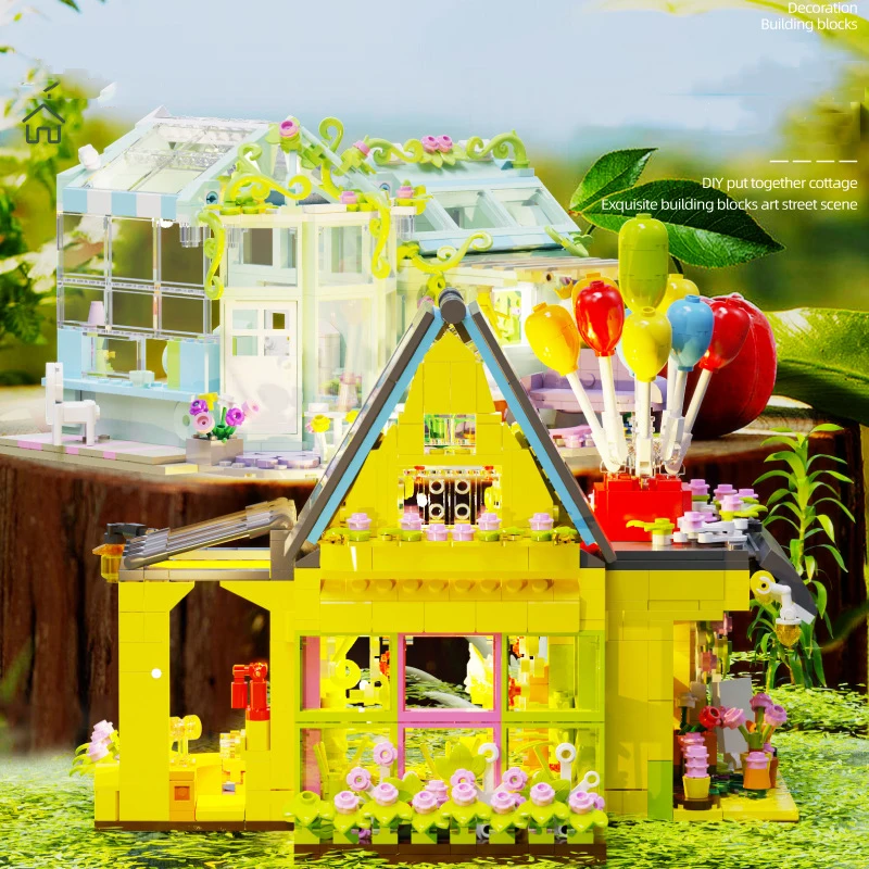 Kreative Stadt Straßen ansicht Architektur Blumen haus Baustein Straßenbild Modell Ziegel montieren Spielzeug mit Licht für Kinder Geschenk