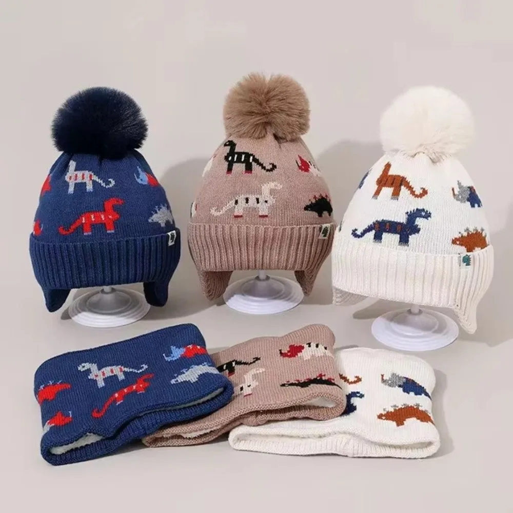 

2Pcs Set New Thickened Baby Beanie Cap Warm Cartoon Dinosaur Knitted Hat Ear Protection Kids Ear Protection Hats Winter