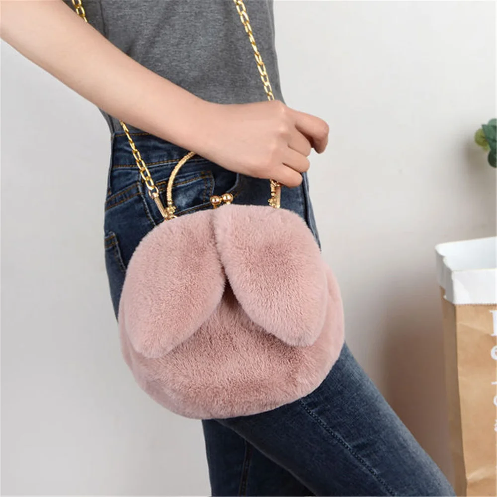 Cute Warm Winter Faux Fur Crossbody Bags for Girl Women Plush Handbag Lady Shoulder Bags Long-Eared Rabbit Messenger Bag