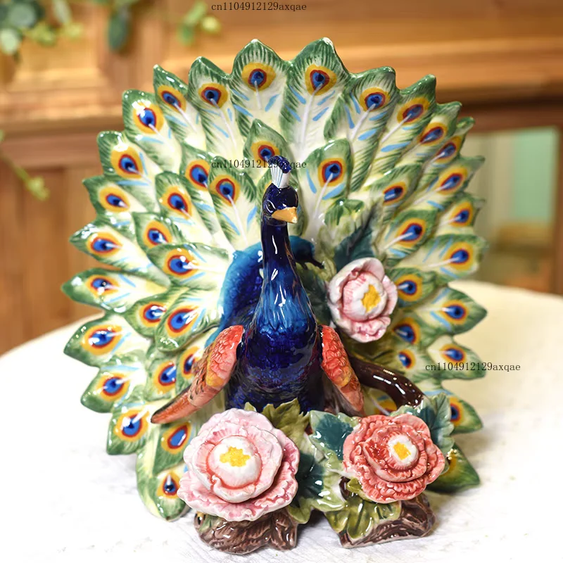 Peacock Open Screen Living Room Ornament Gift TV Cabinet Ceramic Decoration