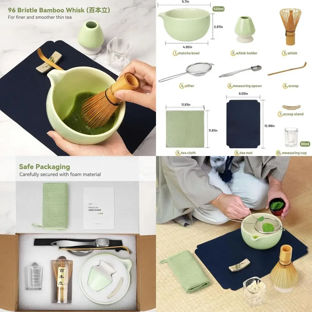 

Matcha Whisk Set, Matcha Kit 10-Pcs, Bamboo Whisk and Ceramic Bowl with Spout & Measuring Spoon & Cup, Japanese Ceremony Matcha