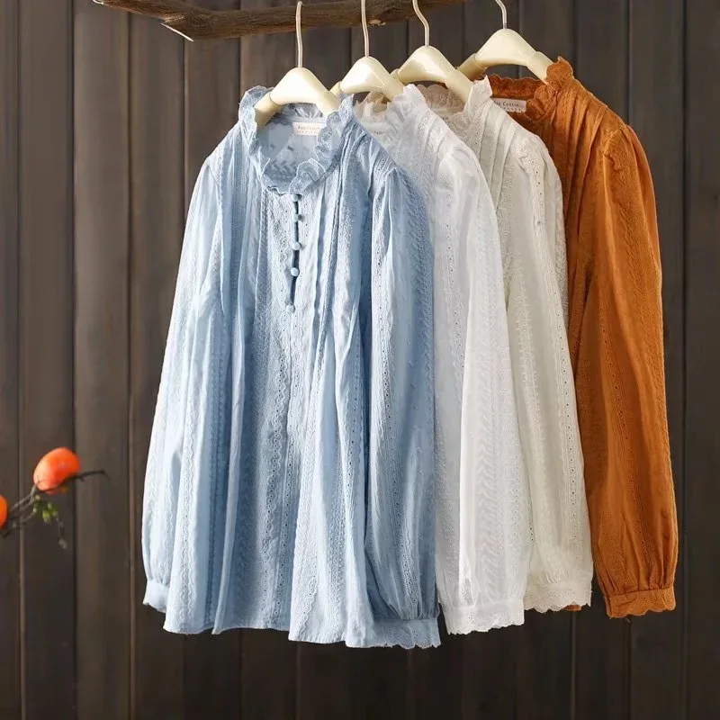 

Japanese Sweet Mori Girl Solid Color Embroidery Hollow Out Cotton Shirts Women Spring Autumn Stand Collar Long Sleeve Blouse Top