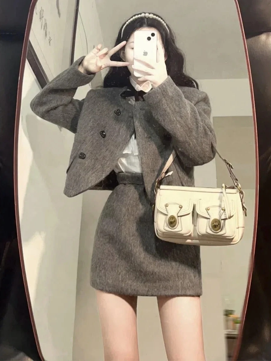 

Gray Small Suit Coat And Halter Skirt Set Women's Fashion Lady Style High-End Korean System Small Fragrance Wind Two-Piece Set