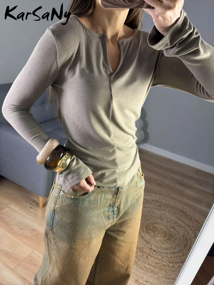 V Neck Long Sleeve T Shirt For Women Slim Spring Female Solid Women\'s Tees Fashion Lady\'s Long Sleeve Basic Splicing White Tops