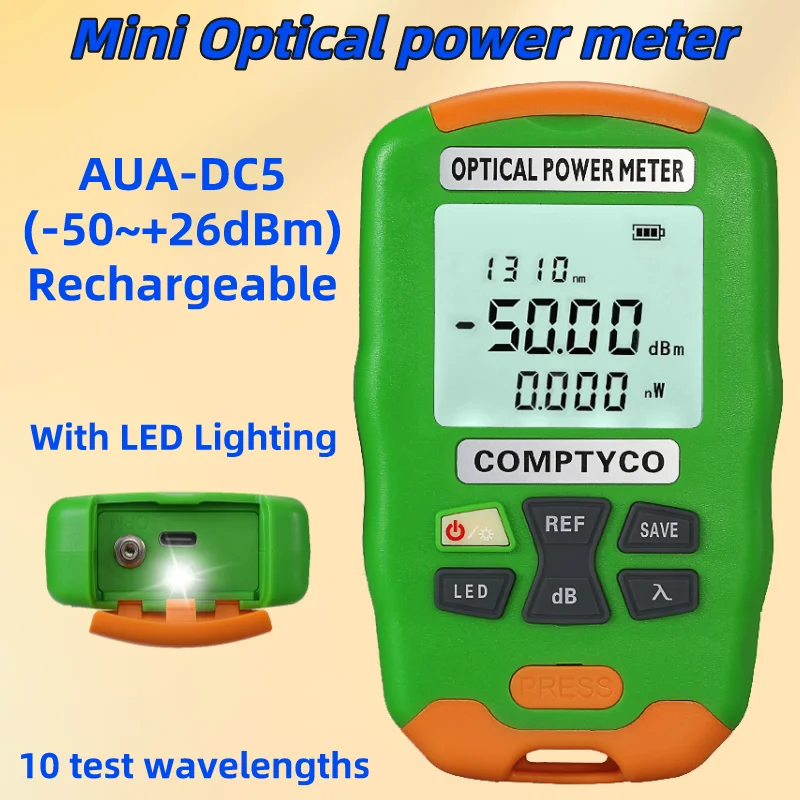 

COMPTYCO AUA-DC5 Rechargeable Mini Optical Power Meter FTTH Fiber Optic Cable Tester Tool -50 - +26dBm OPM with LED Lighting