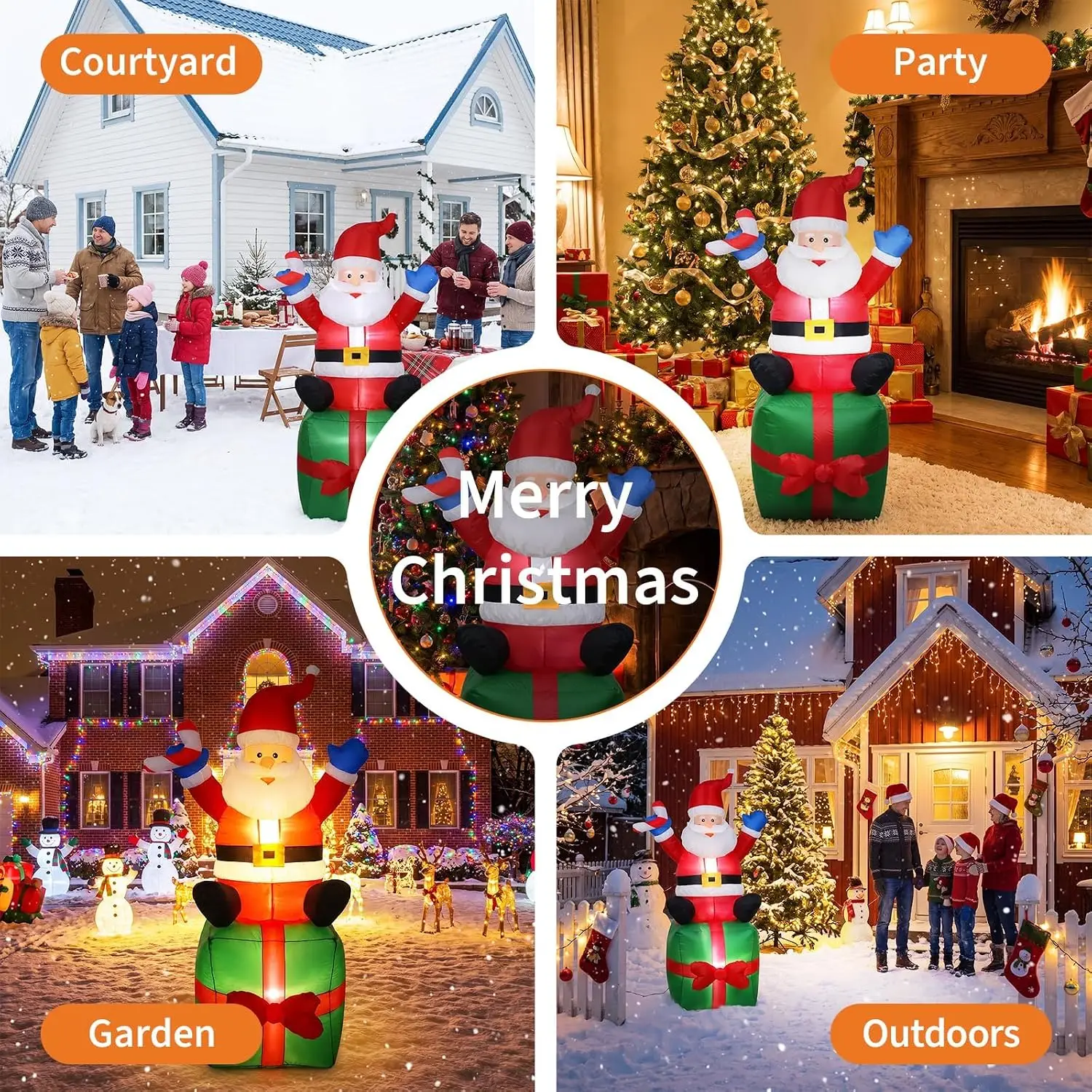 6ft Inflatable Santa Claus with Gift Box & 2 LED Lights – Outdoor Christmas Yard Party Decoration for US Lawns, H:180cm, Fan:0.8A 9733, Transformer:1000mA