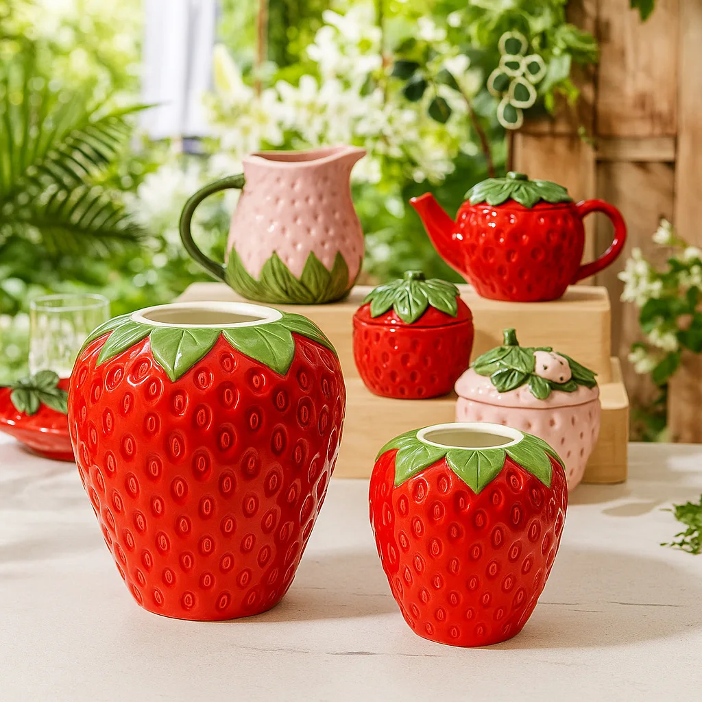 Strawberry Shaped Ceramic Vase Flower Pot Ornament Courtyard Decoration Living Room Desktop Decoration