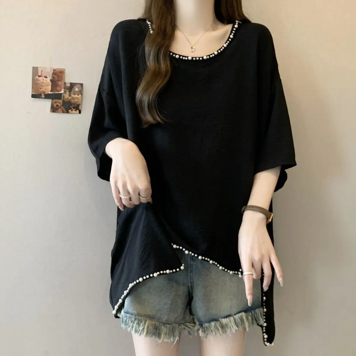 Oversized Ladies Casual Korean Bright Line Decoration Solid Color O-neck Short Sleeve T-Shirt Summer Simplicity Irregular Tops