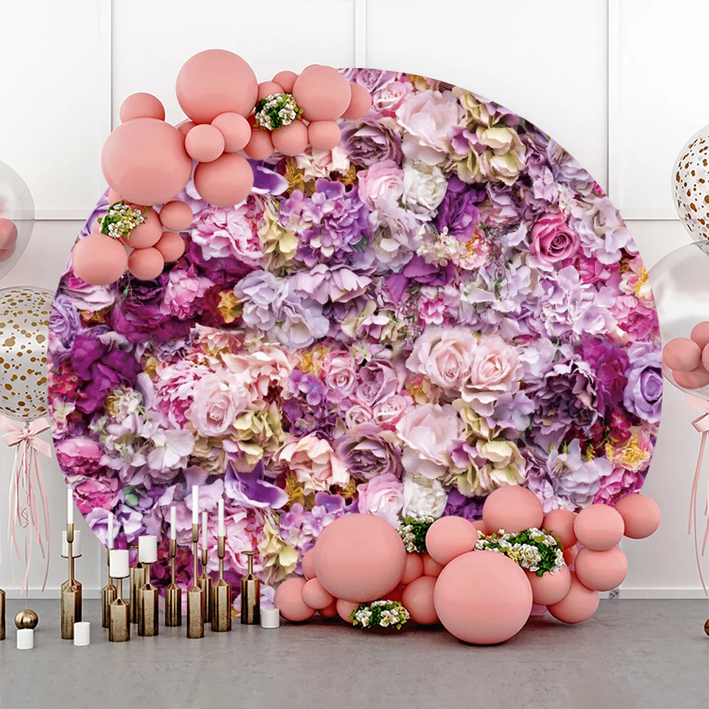 Valentine\'s Day Flowers Round Backdrop Cover Mother\'s Day Pink Rose Floral Wall Bridal Shower Wedding Birthday Party Background