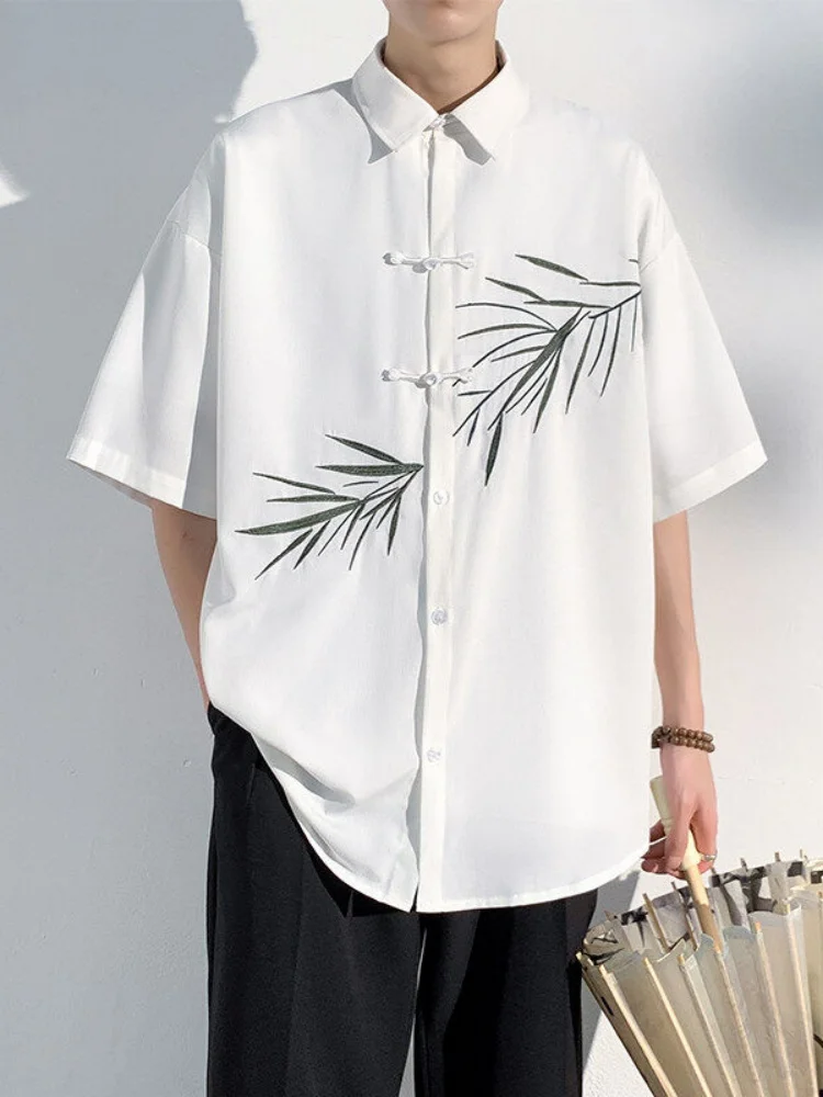 

Мужская летняя рубашка из ледяного шелка с коротким рукавом, новая китайская вышивка, на пуговицах, в стиле Тан, модернизированный Ханьфу, тонкая, летняя, молодежная