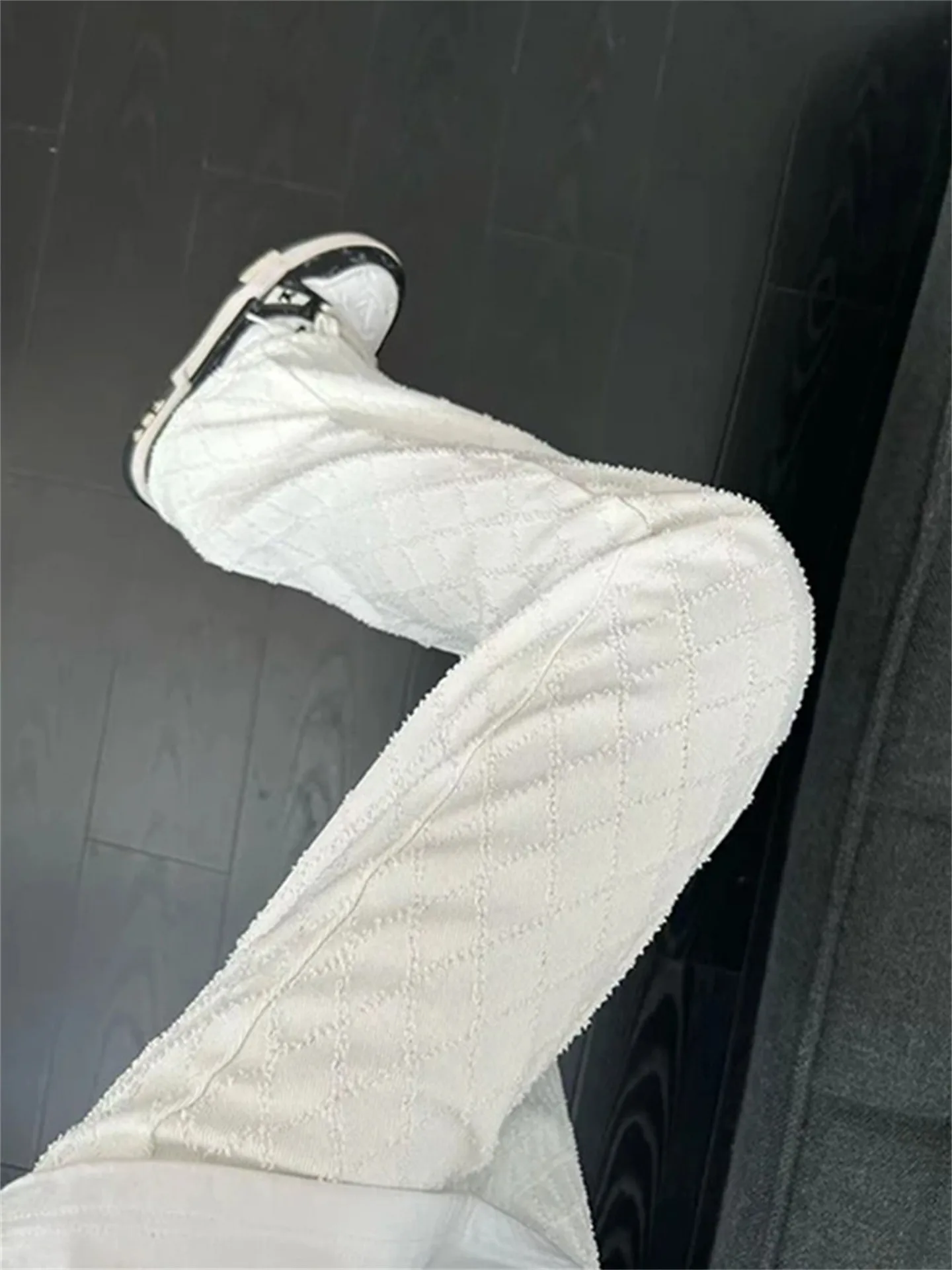 American Style White Diamond Pattern Embroidered Jeans Men Women Slimming Straight Leg Bell Bottoms High Waist Denim Pants