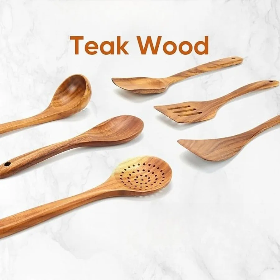 1Set 6-piece Solid Wood Spatula, Spoon, and Fork Set, Non-stick Acacia Wood Cooking Utensils, Long-handled Spatula, Kitchen