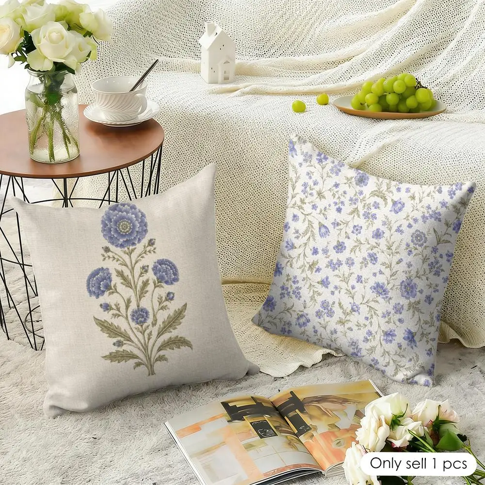 Flora Blue Zinnia Block Print Cushion Cover Natural Linen Organic Fabric Double-Sided Printing Breathable Perfect For Home Decor