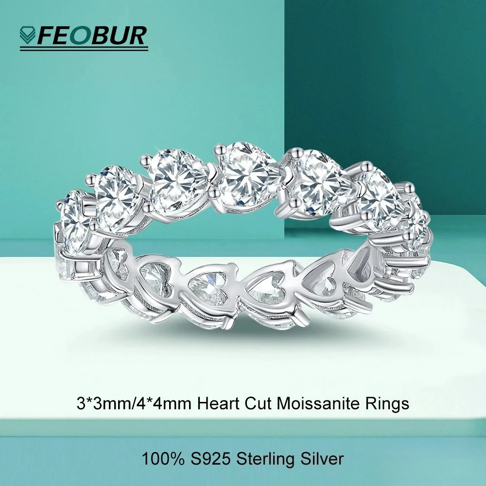 

FEOBUR 3/4mm Heart Shape Moissanite Eternity Rings for Women S925 Sterling Silver Lab Created Diamond Engagement Wedding Band