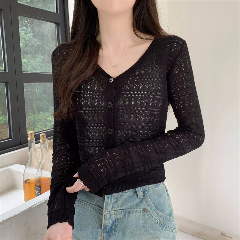 Womens Crochet Top Sheer Open-knit Long Sleeve Button Front Hollow-out Cardigan Spring Summer Casual Outfit