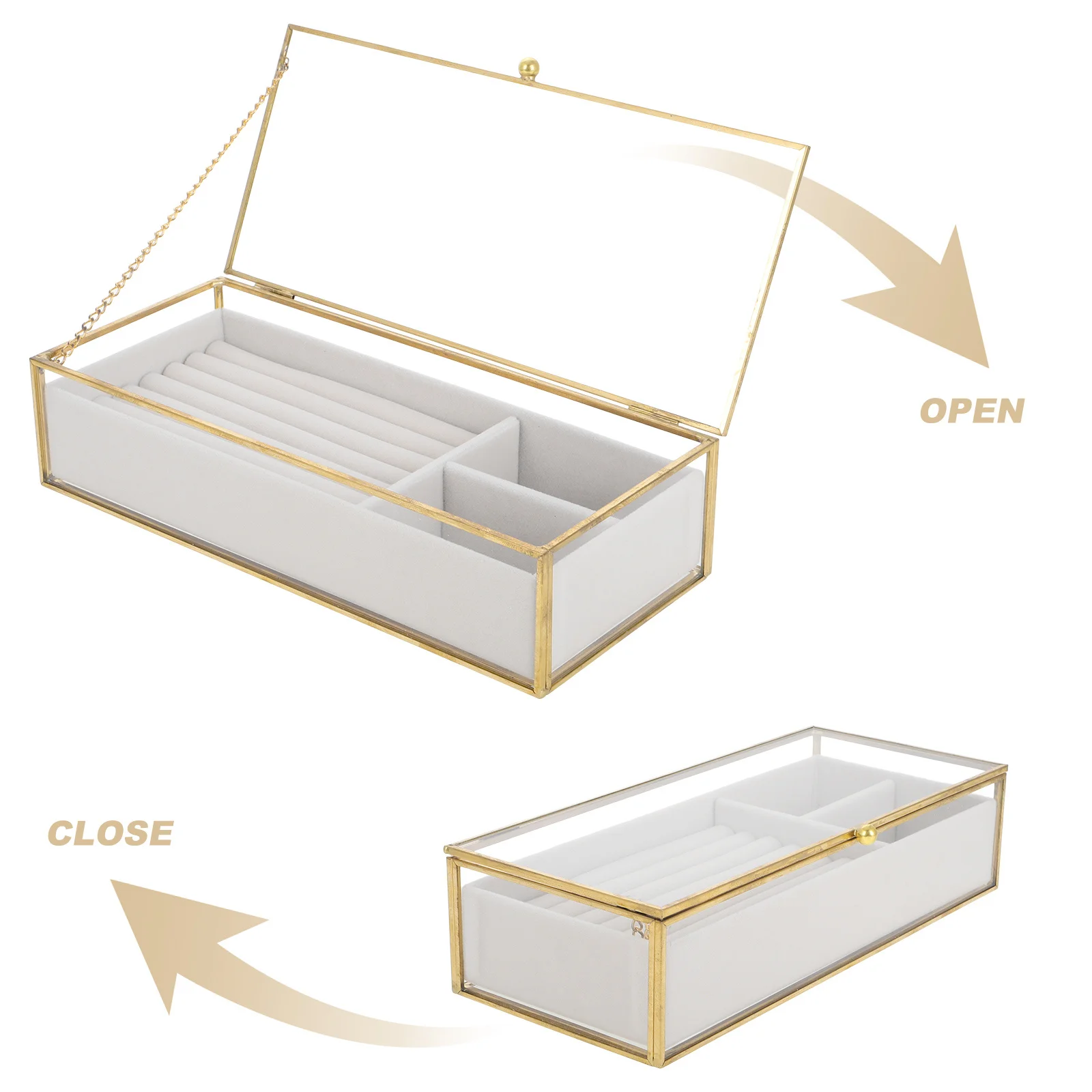 صندوق مجوهرات زجاجي للنساء، علبة عرض شفافة بإطار ذهبي عتيق، منظم مجوهرات، حامل قلادة وحلق