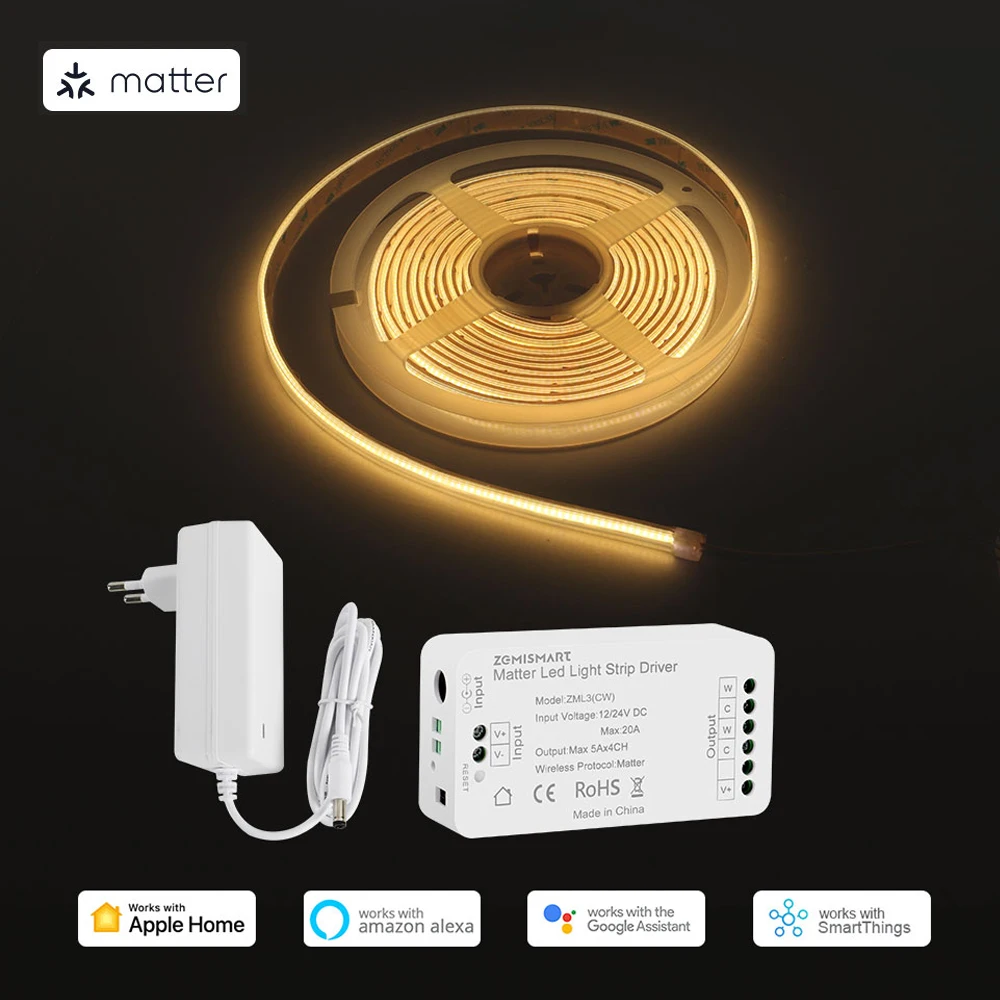 COB Led Strip Light with Matter WiFi Led Driver CCT IP65 16W High Density Flexible Tape Alexa Google Home Smartthing Homekit App