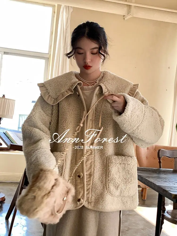 Chaqueta de lana de cordero con cuello de volantes de encaje lindo suelto, abrigo de felpa de muñeca, Otoño e Invierno