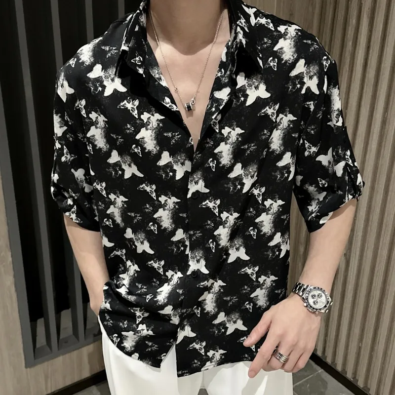 Retro Trendy Summer Ice Silk Fabric Men\'s Printed Turn Down Collar Versatile Middle Sleeve Loose Single Breasted Shirt Top