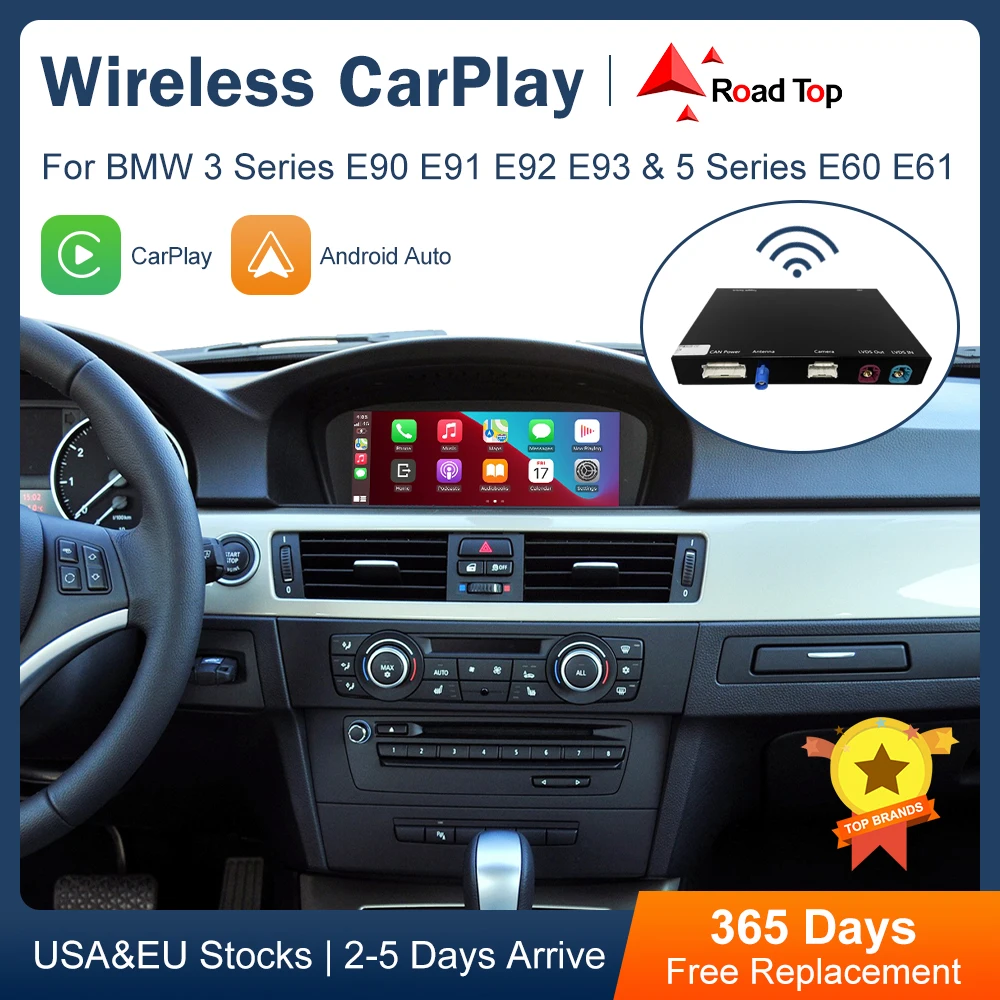 Road Top Wireless CarPlay Android Auto for BMW 3 Series E90 E91 E92 E93 And 5 Series E60 E61 2008-2013 with Mirror Link Function