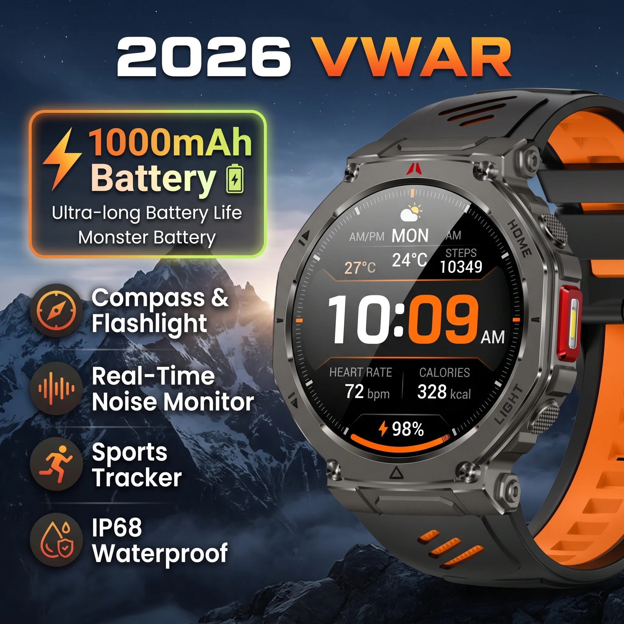 2026 New Smart Watch 1000mAh Battery Compass Flashlight Real-Time Noise Monitor Sports Tracker IP68 Waterproof Smartwatches Men
