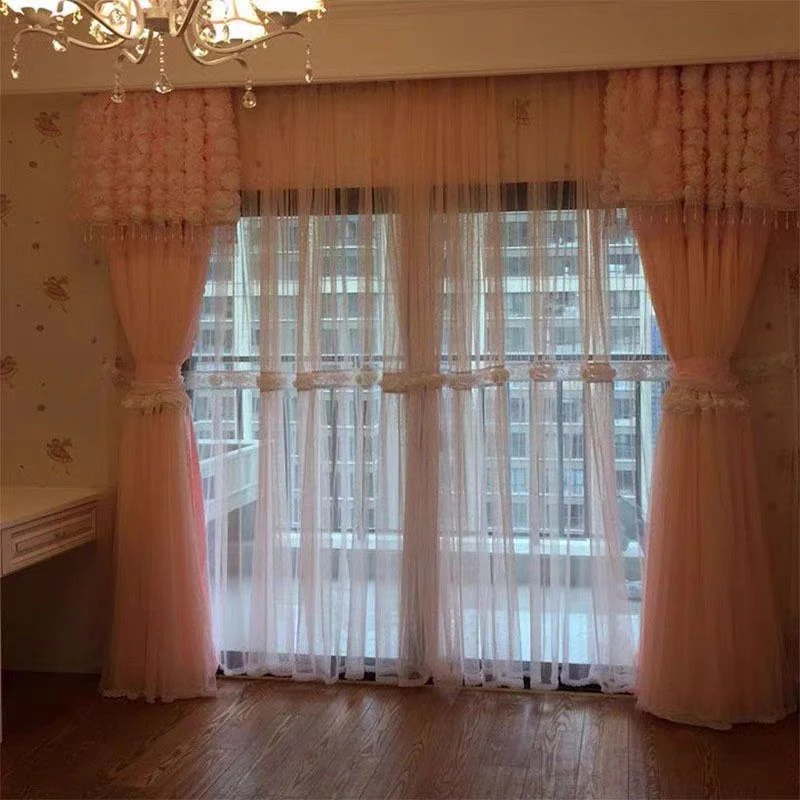 Imagem -03 - Coreano Princesa Estilo Rosa Quente Cortinas Blackout Double Layer Lace Acabado Bay Window Cortinas para Sala e Quarto Novo