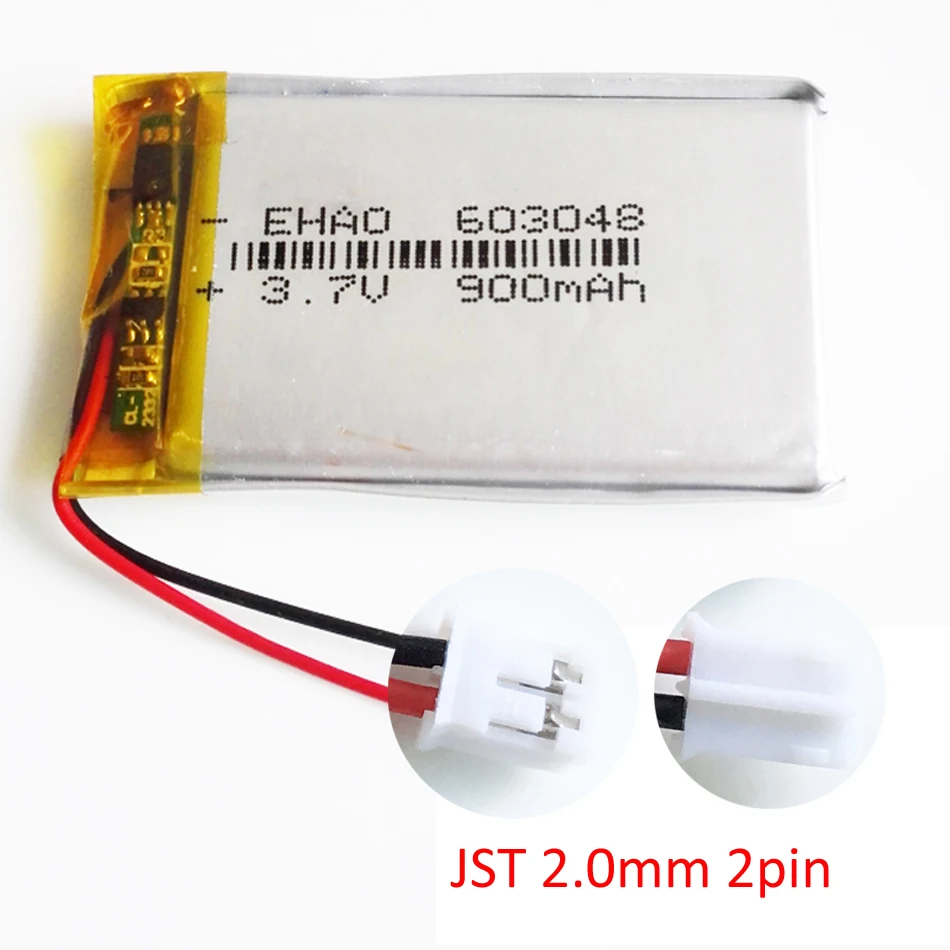 Akumulator 3.7V 900mAh Lipo 603048 + wtyk JST 2.0mm 2Pin do MP3 GPS DVD zestaw słuchawkowy ebookowa kamera