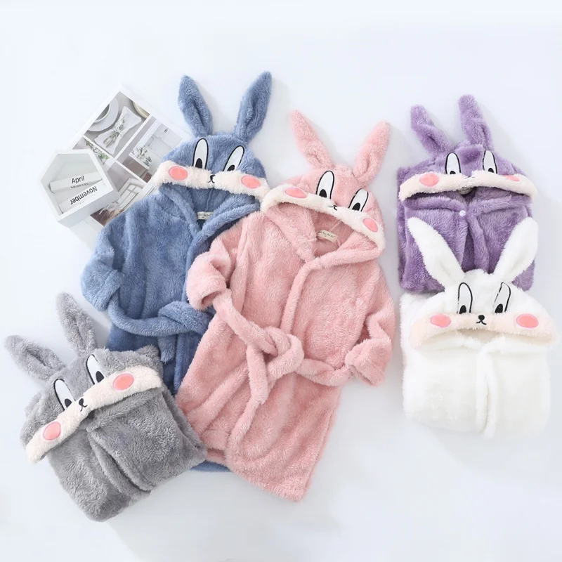 Autumn Winter Kids Hooded Bathrobe Baby Bath Robes Boys Girls Cute Cartoon Rabbit Flannel Pajamas Long Sleeve Towel Robe