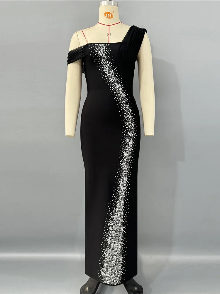 เซ็กซี่หนึ่งไหล่เพชร Sequined Maxi ผ้าพันคอผู้หญิงสีดําตาข่าย Patchwork Bodycon คนดังชุดราตรียาว Party Dresses