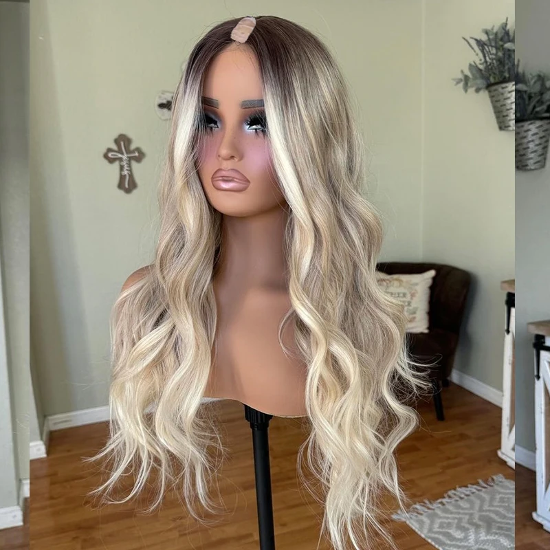 Super 100% Human Hair Machine Made 1X4 U Part Wigs for Women ASH Blonde Ombre Highlight 1X4 V part Remy Peruvian Human Hair Wigs