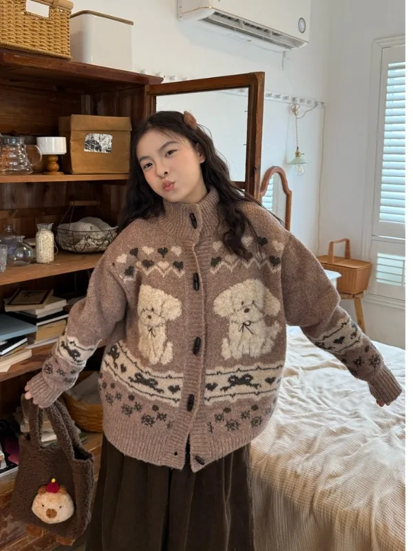 

Новый женский вязаный кардиган оверсайз с воротником-стойкой на пуговицах, мягкий, свободный, осенне-зимний, вязаный топ