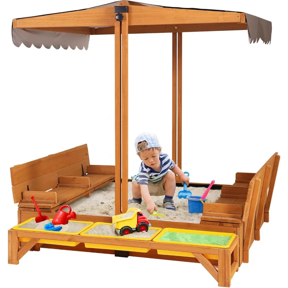 Wooden Sandbox Backyard Sand Box with Cover, Outdoor Sandbox for Kids with 3 Toy Bins