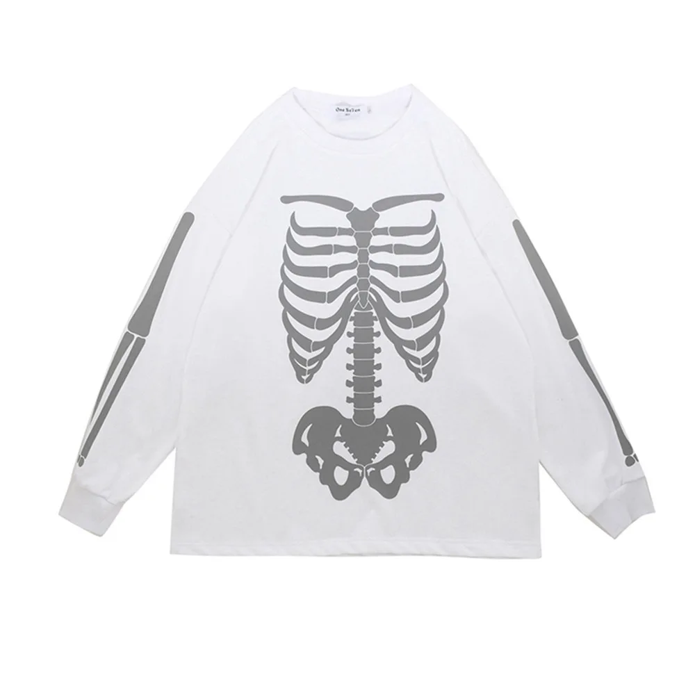 Skeleton Bone Print Sweatshirt Men Reflective Glow Hip Hop Pullover Women Streetwear Harajuku Casual Oversized Punk Hoodies 2021