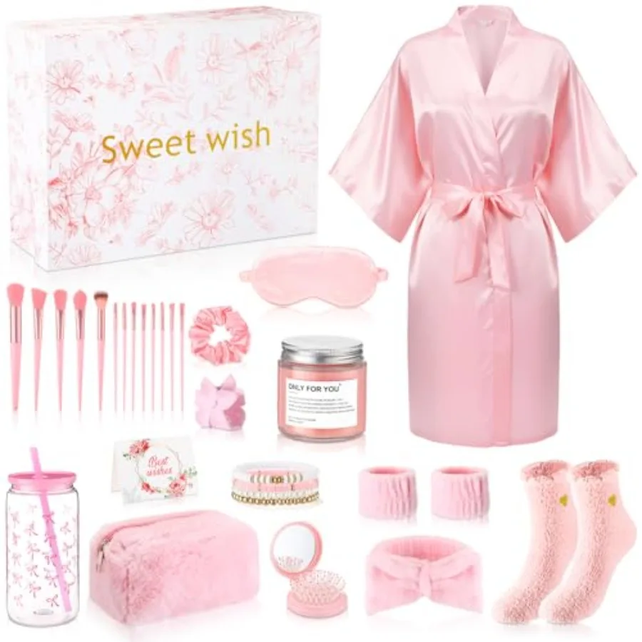 15 Pcs Birthday Gifts for Women Robe Sets for Women Spa Basket Set Graduation Gifts Bath Robe Make up Brushes Scented Candle Fl