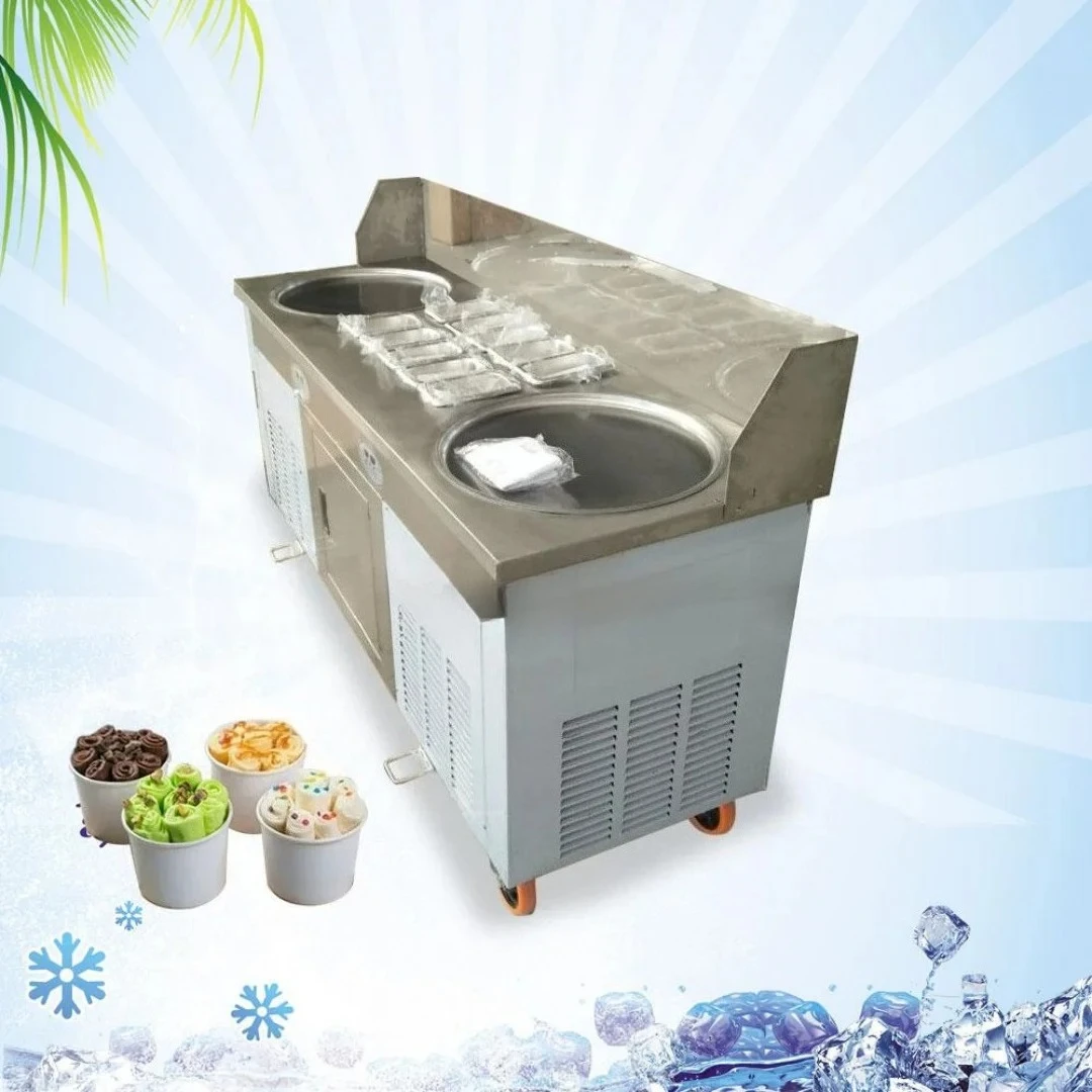 #Commercial Double Compressor Yogurt Porridge Milk Fruit Frying Machine Ice Cream Roll Machine Ice Cream Roll Machine