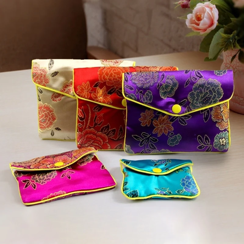 Chinese Brocade Handmade Silk Embroidery Padded Zipper Small Jewelry Gift Storage Pouch Bag Snap Case Satin Coin Purse