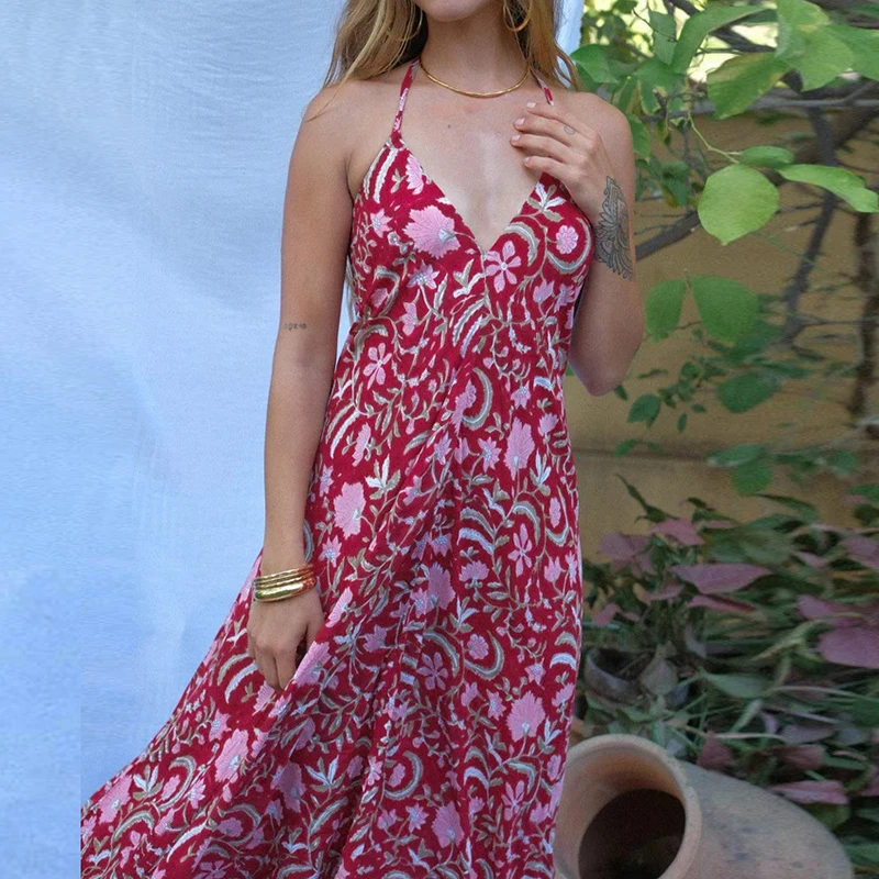 Summer Casual Pleat Loose Vacation Party Dress Women Elegant Sleeveless Hollow Dress 2025 Fashion Floral Print Beach Long Dress