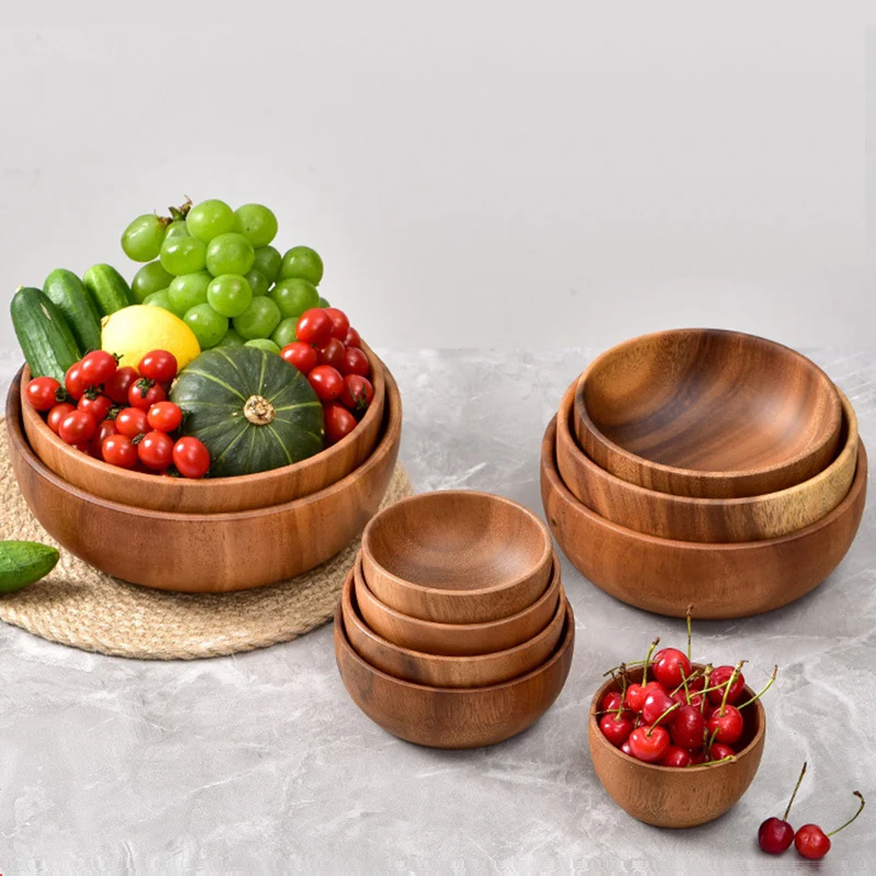 

Real Wood Salad Bowl Wooden Creative Rice Bowl Eco-Friendly Round Wooden Bowl Fruit Tray