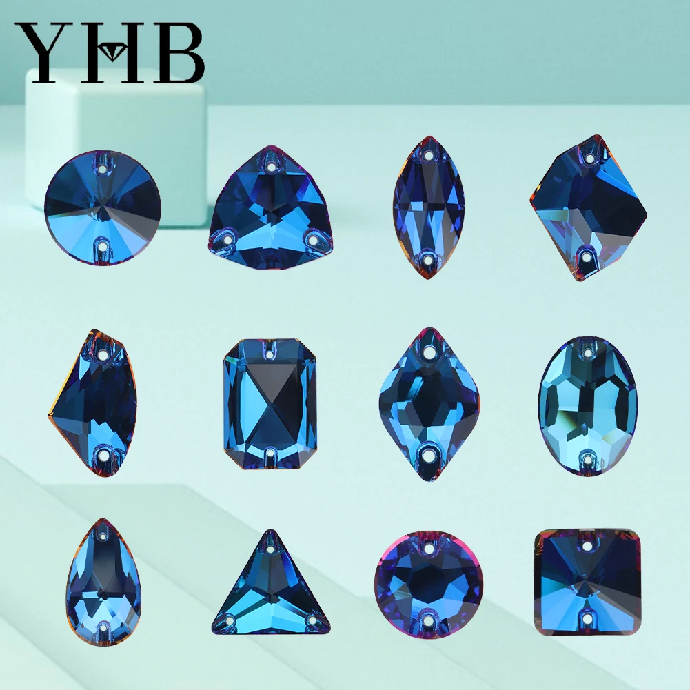 YHB 001BB Bermuda Blue Rolivi Navette Drop Glass Crystal AB Sewing Stones Flatback Sew on Rhinestones For Garment Clothes Bags