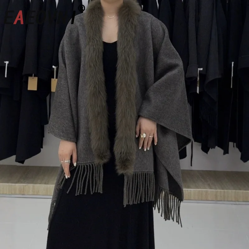 

EAEOVNI Luxury Fur Spliced Design Shawl Coat Women Winter Wool Tassel Spliced Loose Solid Color Clothing 2025 New