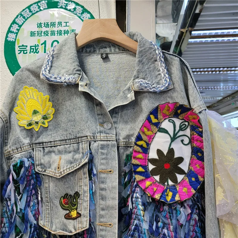 Harajuku Vintage Embroidery Blue Short Jeans Jacket Women Fashion Fringe Mesh Patchwork Denim Coat Spring Autumn Female Outwear