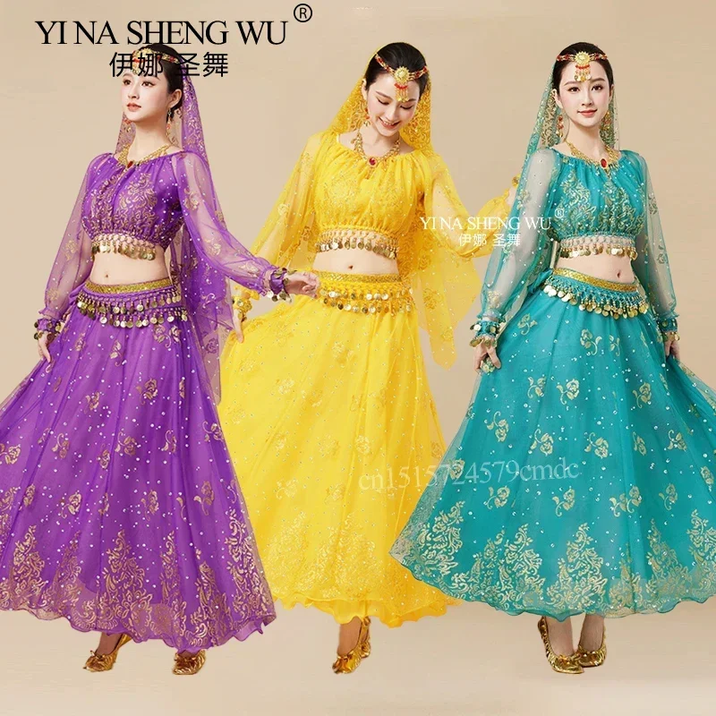Bollywood Danskostuum Volwassen Vrouwen Indiase Dans Oosterse Buikdans Prestaties Kleding 120D Chiffon Lange Mouw Top Rok Set