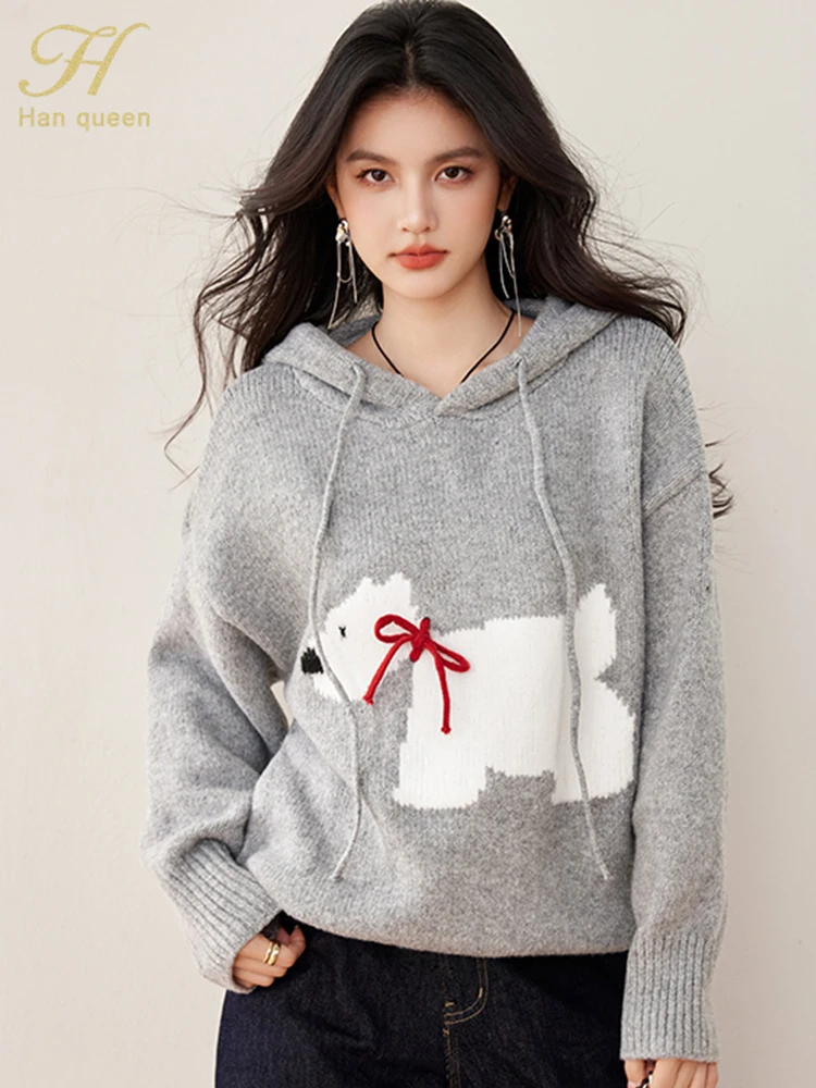 

H Han Queen, новый зимний пуловер, свитер, серый теплый толстый трикотаж с капюшоном, свободная винтажная повседневная женская одежда с цветными блоками